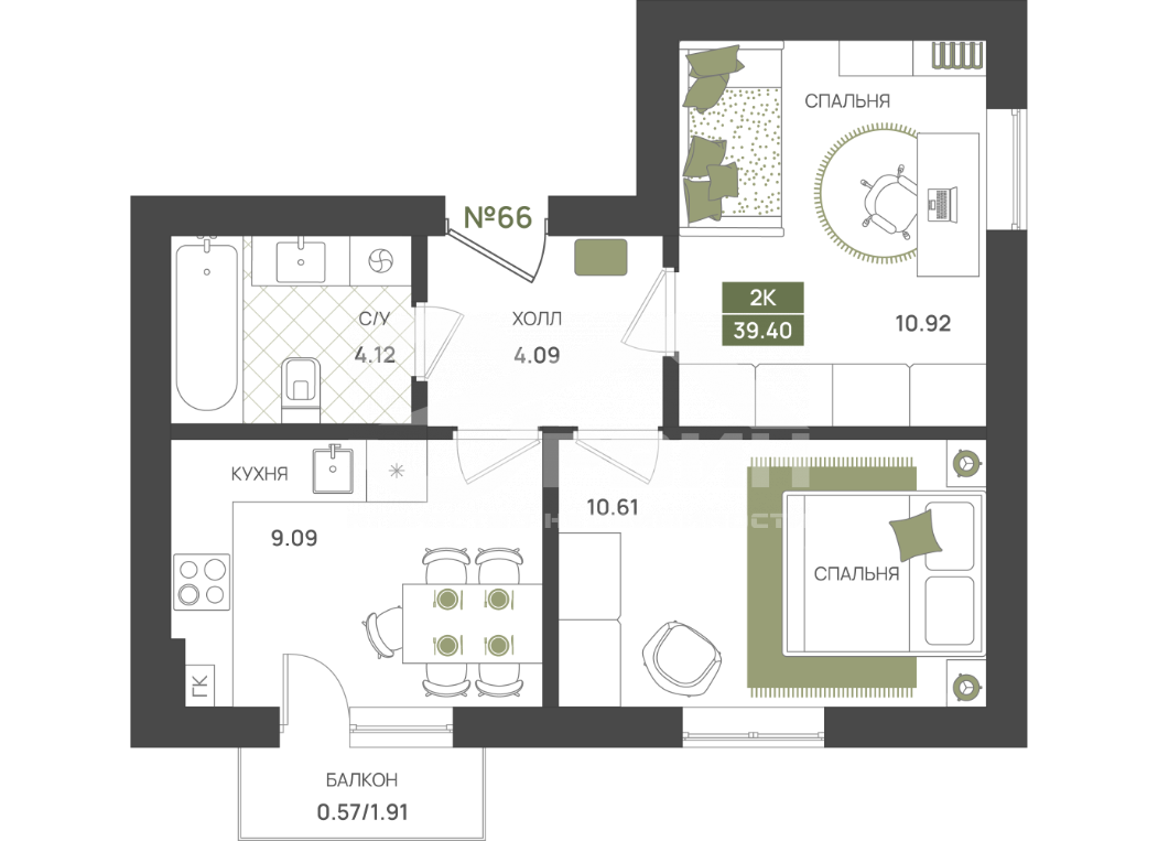 Продажа 2-комнатной новостройки, Гурьевск, Переулок Байдукова,  3